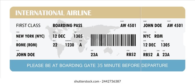 Airline boarding pass template design. Plane ticket. Airport, plane pass document. Vector illustration