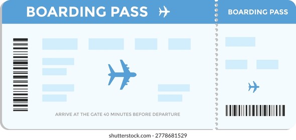 Airline boarding pass template. Realistic flight ticket icons. Passenger details and destination label. Air travel pass concept. Aviation information symbol
