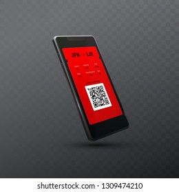 Airline boarding pass template. Vector illustration of mobile phone with flight tickets layout and QR code. Online check-in. Transportation, business or travel concept