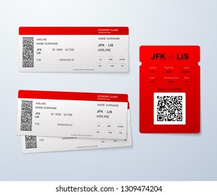 Airline boarding pass templates. Vector illustration of flight tickets layout with QR code. Transportation, business or travel concept