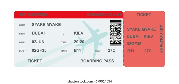 Airline boarding pass ticket with airplane and red stripe with QR code. Isolated on white. Vector illustration EPS10.