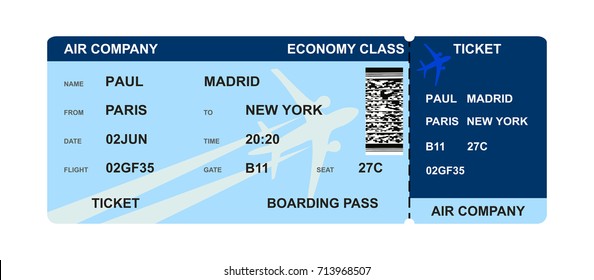 Airline boarding pass ticket with airplane and blue stripe with QR code. Isolated on white. Blue ticket. Vector illustration EPS10