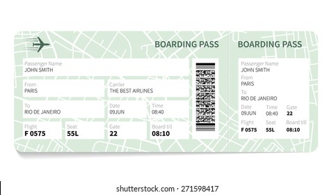 Airline boarding pass ticket with a map as a background. Vector illustration.