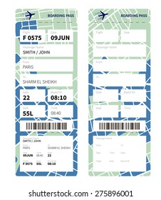 Airline boarding pass ticket with a map as a background. Vector illustration.