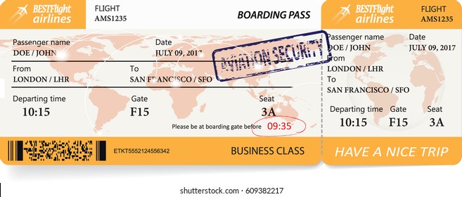 Airline boarding pass ticket with a map over background. Vector illustration.