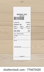 Airline boarding pass ticket on wood background. Vector illustration.