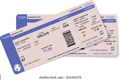 Airline boarding pass ticket with QR2 code. Concept of travel, journey or business. Isolated on white. Vector illustration