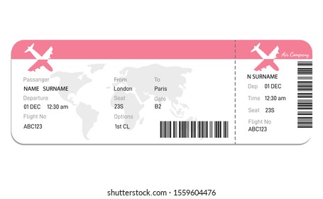 Airline boarding pass ticket in red colors.  Concept  for travel, business trip or journey.Plane ticket. online Booking airline ticket concept. Vector