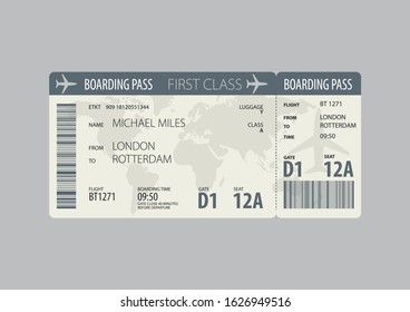 Airline boarding pass ticket. Simple 
monochrome minimalist style with large fonts and world map on the background. Vector illustration.  