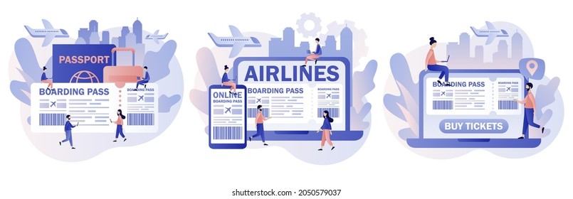 Airline boarding pass ticket. Tiny people booking flights travel online. Buy ticket online. International airline. Modern flat cartoon style. Vector illustration on white background