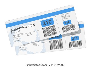 Airline boarding pass ticket for traveling by plane. Vector illustration. Two air flight tickets, boarding passes. Checkin papers for airline