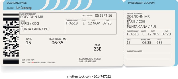 Airline boarding pass ticket. Vector illustration. Concept of journey, business trip or travel. Blue colors