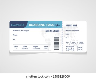 Airline boarding pass ticket Vector illustration. Concept template for travel, journey or business trip. Isolated on white.