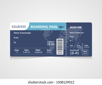 Airline boarding pass ticket Vector illustration. Concept template for travel, journey or business trip. Isolated on white.