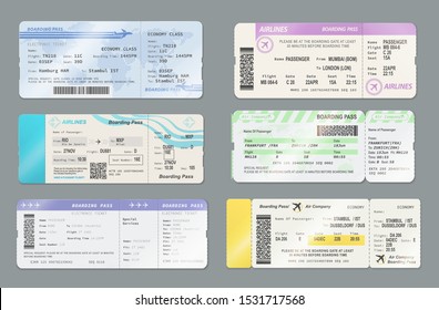 Airline boarding pass ticket vector templates, travel by plane design. Flight cards with flying airplane symbols, passenger informations and world map, barcodes and QR codes. Aircraft transport themes