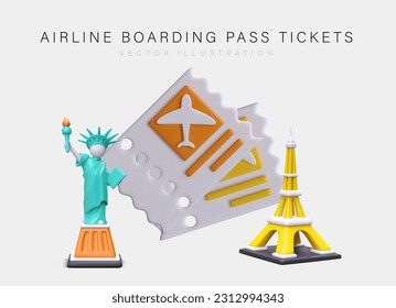 Airline boarding pass tickets. Intercontinental travel. Realistic Statue of Liberty, Eiffel Tower, perforated plane tickets. Template for airlines, intermediaries. Booking flights and seats