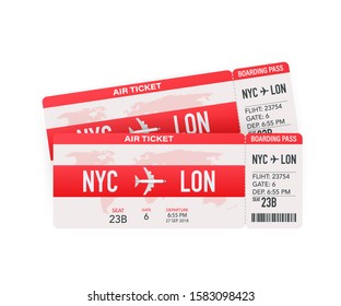 Airline boarding pass tickets to plane for travel journey. Airline tickets. Vector stock illustration.