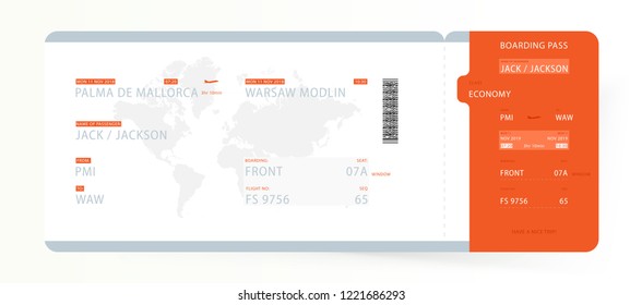 Airline Boarding Pass with World Map. Template ticket for traveling on plane for flight. Flat Vector illustration EPS10.