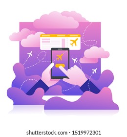 Airline booking office online service - hands holding smartphone with booking website interface and bying airplane ticket - with paper ticket and abstract cloudy sky on background - vector concept