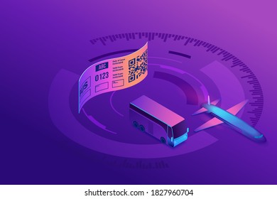 Flugtickets oder Bustickets mit QM-Code, moderne Technik zum Scannen von Etiketten, Bordkarte für das Flugzeug, 3D-isometrische Vektorgrafik