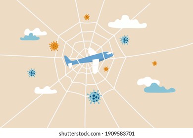 Airline business after COVID-19 pandemic, air transport and travel industry crisis causing by Coronavirus COVID-19 outbreak concept, airplane stuck in spider web in mid air with Coronavirus pathogen.