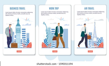 Airline Business Class Flights, World Work Trips Offer Trendy Flat Vector Web Banner, Landing Page Template. Businessmen with Briefcases Visiting Paris, London, New York in Business Illustration