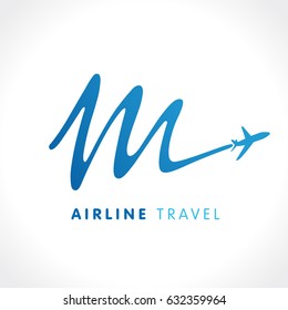 Airline business travel logo design with letter "M". M letter travel company logo. Fly travel vector logo template