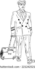 Airline Captain Walking With Language Stock Image, Sketch Drawing Of Pilots, Airline Pilot Walking On Airport Vector Illustration, Silhouette Of Airline Crew