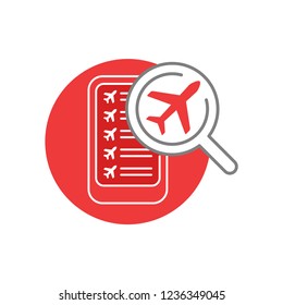 Airline cashbox online service - smartphone with booking service web interface and magnified airplane icon - vector conceptual illustration for logo or icon