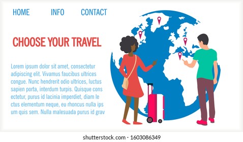 Airline Charters Trendy Flat Vector Web Banner, Travel Agency International Tours, Landing Page Template. Male, Girl, Man, Female Tourists, Travelers with Baggage Bags Choosing Destinations on Map Ill