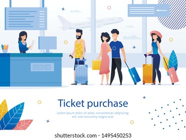 Airline Company, Airplane Tickets Purchase, Booking Service Trendy Flat Vector Ad Banner, Poster with Happy Travelers, Airline Passenger Standing in Line While Buying Tickets in Airport Illustration