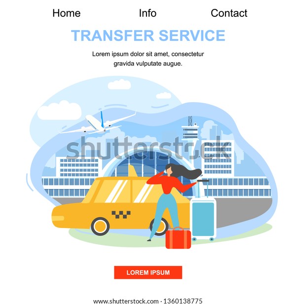 Airline Company Airport Baggage Transfer\
Service Flat Vector Square Web Banner or Landing Page Template.\
Traveling with Baggage Woman, Female Tourist Arriving to\
Destination, Calling Taxi\
Illustration