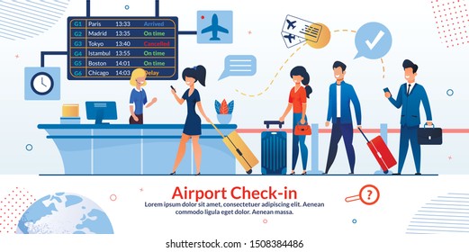 Airline Company Airport Check-in Reception and Tourists Queue Flat Poster. Passengers with Luggage and Aircraft Ticket at Flight Booking Counter Desk with Departures Board. Vector Cartoon Illustration