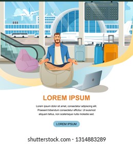 Airline Company Flat Vector Square Web Banner with Satisfied, Calm Male Passenger Resting and Meditating in Airport Waiting Area Illustration. Online Service for Booking Airplane Tickets Landing Page