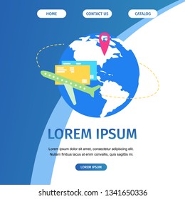 Airline Company Flat Vector Square Web Banner with Passenger Airliner Flying around Globe with Destination Pin on World Map Illustration. Booking Flight Tickets Online Service Landing Page Template