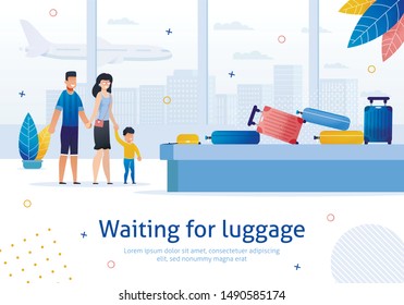 Airline Company Luggage Delivery Service Trendy Flat Vector Advertising Banner, Poster Template. Woman with Children, Traveling Family Waiting for Baggage Bags near Airport Conveyor Belt Illustration