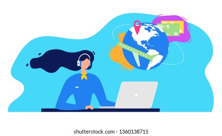 Airline Company Services Flat Vector Concept. Call Center Manager in Headset, Consulting Clients on Phone, Helping Customers to Chose Company Products Online, Assisting in Tickets Booking illustration