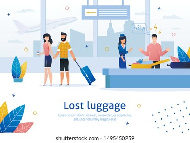 Airline Company Services, Searching And Returning Lost Luggage Trendy Flat Vector Advertising Banner, Poster Template. Man Frustrated And Angry Because Of Missing Stuff In His Baggage Illustration