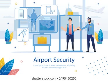 Airline Company, Startup for Travelers, Airport Security Service Trendy Flat Vector Advertising Banner, Poster Template. Man Passing Through Baggage Screening Area, Metal Detector Ramp Illustration