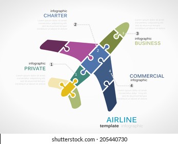 Airline concept infographic template with plane made out of puzzle pieces
