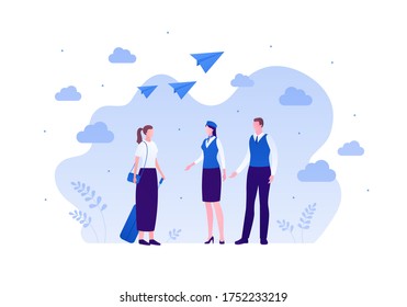 Airline crew team concept. Vector flat person illustration. Man and woman in blue pilot and steward outfit on cloud sky background with paper plane sign. Design element for banner, web, infographic.