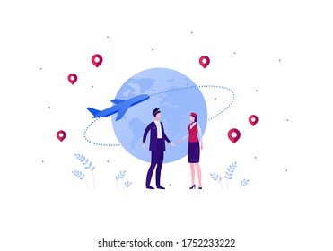 Airline crew team concept. Vector flat person illustration. Man and woman in blue pilot and red stewardess outfit with planet earth and airplane jet sign. Design element for banner, web, infographic.