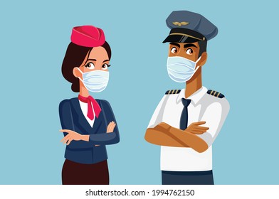 Airline Crew Wearing Medical Face Mask During Pandemic. Airplane Pilot And Air Hostess Using Personal Protective Equipment At Work
