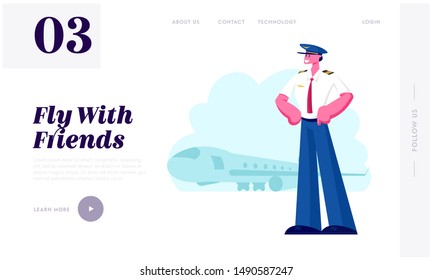 Airline Crew Website Landing Page. Smiling Pilot Wearing Uniform Stand with Arms Akimbo on Airplane Background in Airport. Aviator Male Character Web Page Banner. Cartoon Flat Vector Illustration