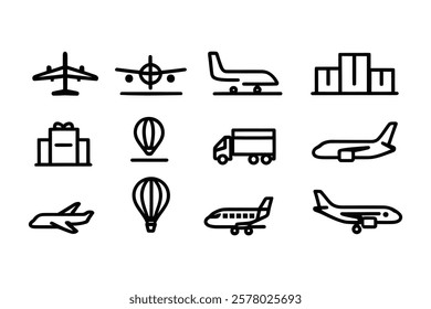 Airline Delivery Icons: Vector set featuring aircraft, express shipping, and transportation