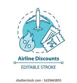 Airline discounts concept icon. Affordable travel, budget tourism idea thin line illustration. Airway company special offer, cheap tickets. Vector isolated outline RGB color drawing. Editable stroke