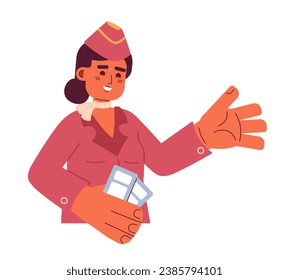 Operadora de vuelo de aerolíneas de la india personaje de dibujos animados en 2D. El sostén de los pases de abordaje guarda el hermoso fondo blanco de la persona vector aislada. Ilustración de manchas planas de color de la trabajadora sudasiática