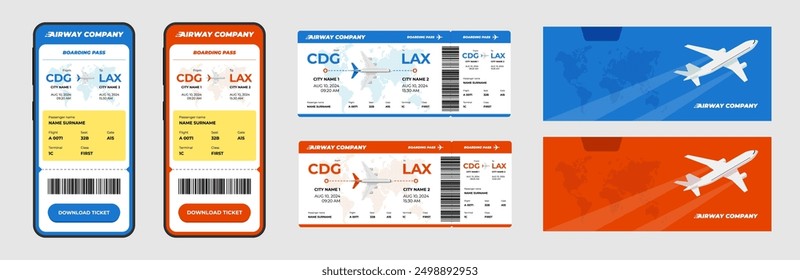 Airline flight ticket and airplane boarding pass design template. Passenger name and destination. Online flight travel booking app on smartphone screen. Business plane journey airways company document