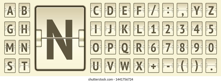 Airline flip beige board regular alphabet to display flight arrival info. Airport terminal mechanical scoreboard font for departure information and timetable showing. Vector illustration