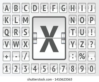 Airline flip board regular alphabet to display flight destination or arrival info. Airport terminal mechanical scoreboard font for departure information and timetable showing. Vector illustration.